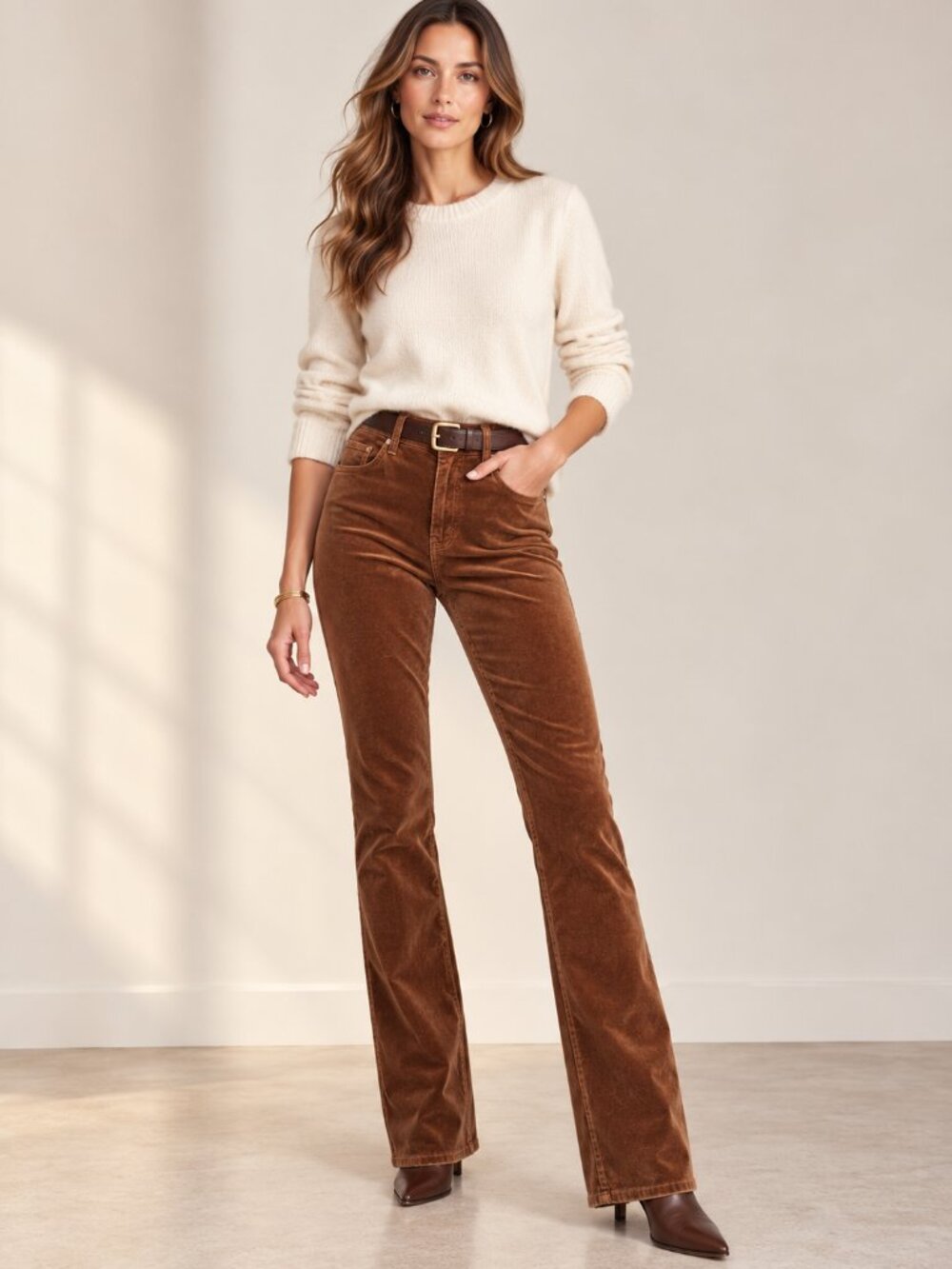 L'AGENCE Stevie High Rise Velvet Straight Jeans Fawn Brown Size 27